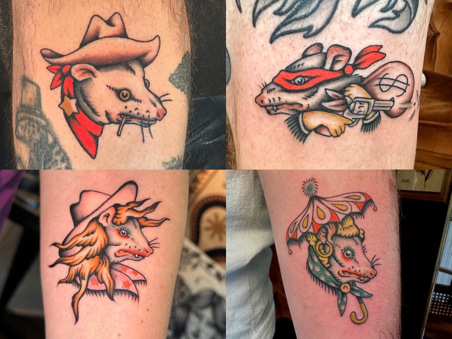 Pig with various accessories American traditional tattoo on the forearm by Max Peterson