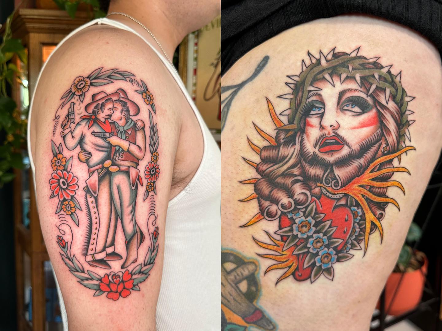 Cowboy couple American traditional tattoo on the upper arm by Max Peterson