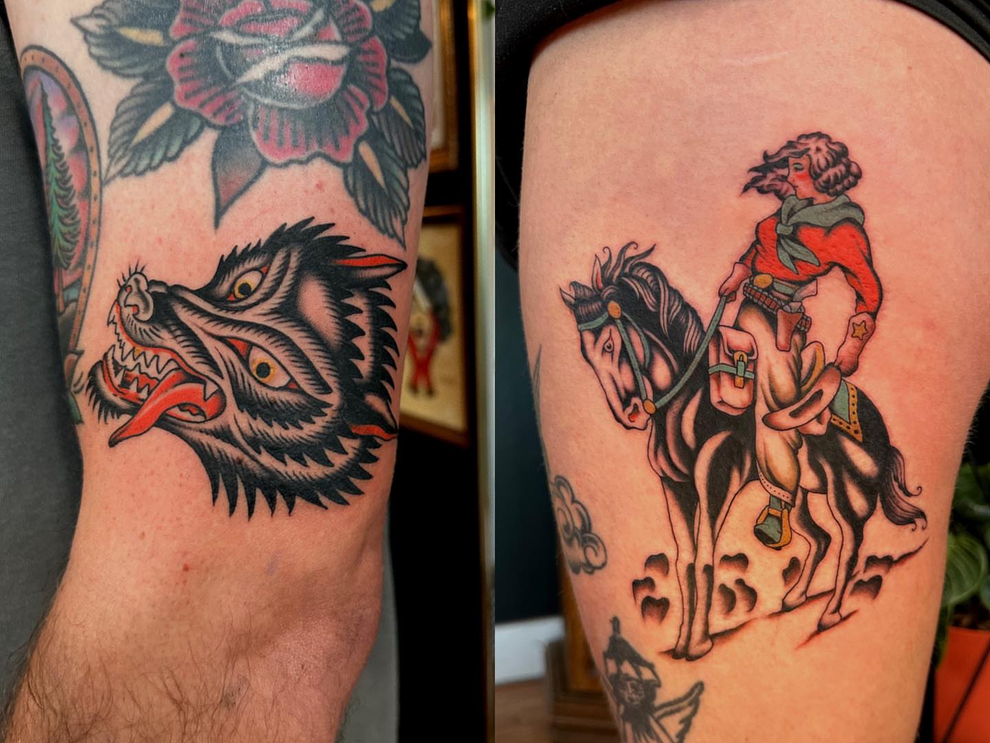 Wolf head American traditional tattoo on the thigh by Max Peterson