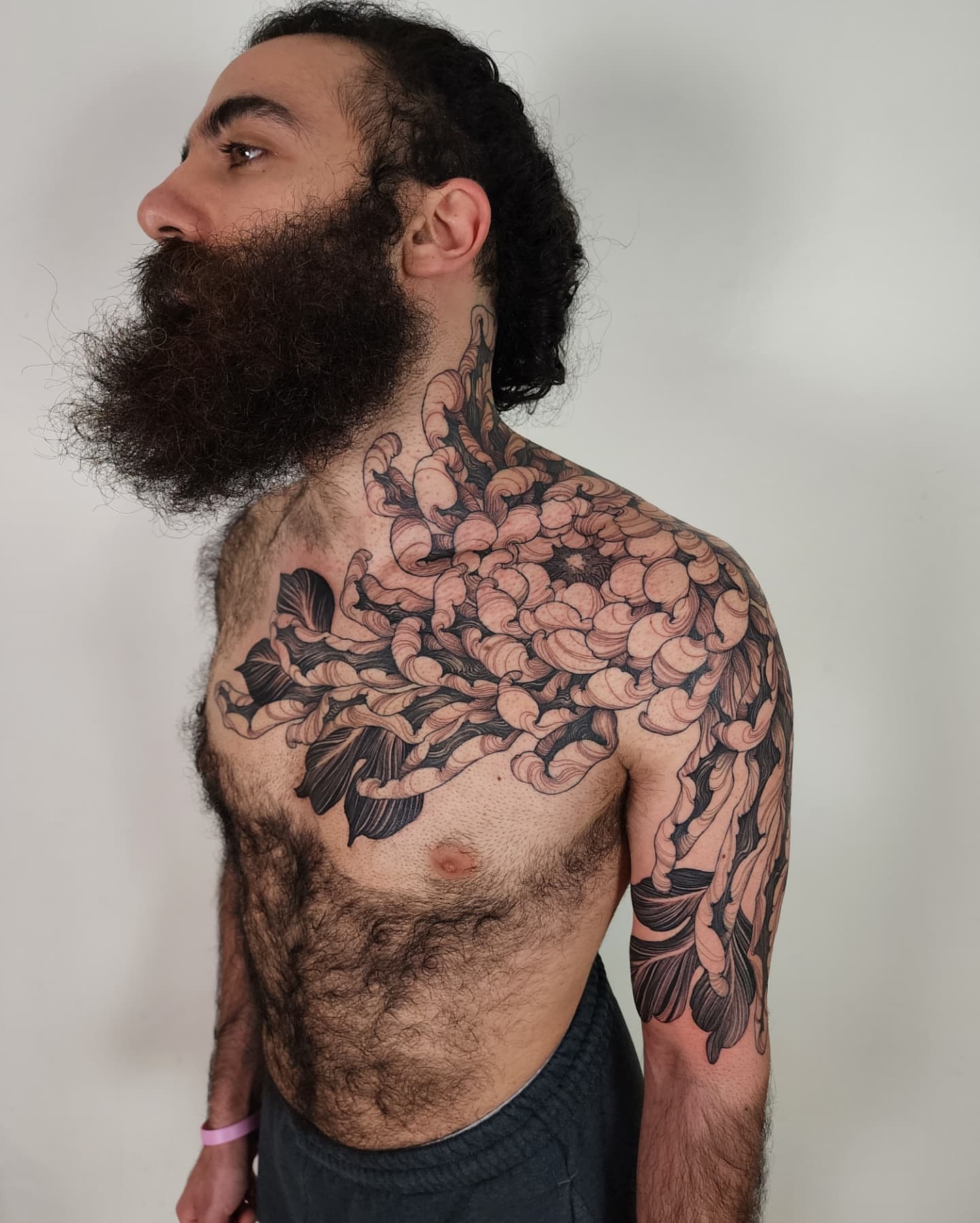 Floral black and grey tattoo on the chest by ๐ฏ๐๐๐๐ ๐ท๐๐๐๐