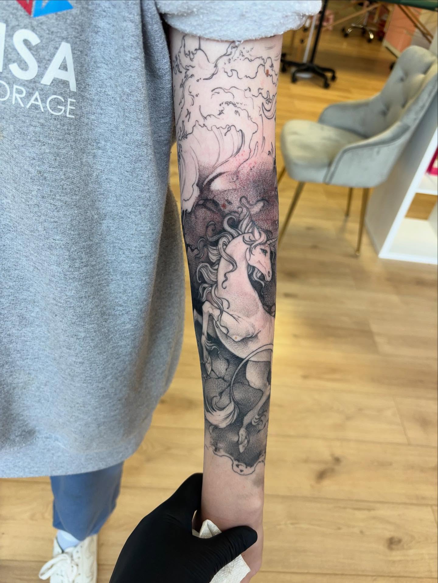 Mermaid black and grey tattoo on the forearm by joely