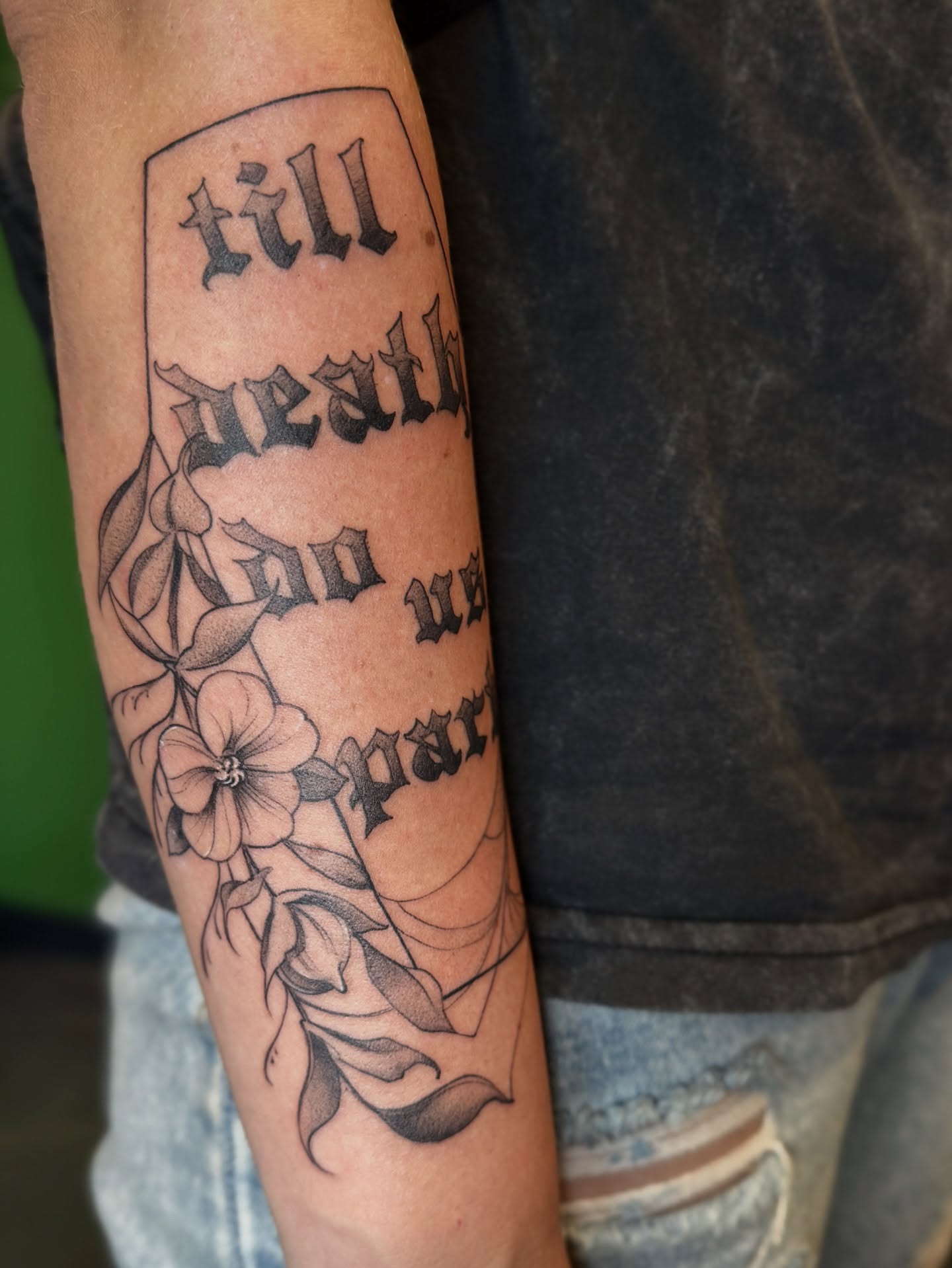 Till death do us part black and grey tattoo on the forearm by Joe Hall