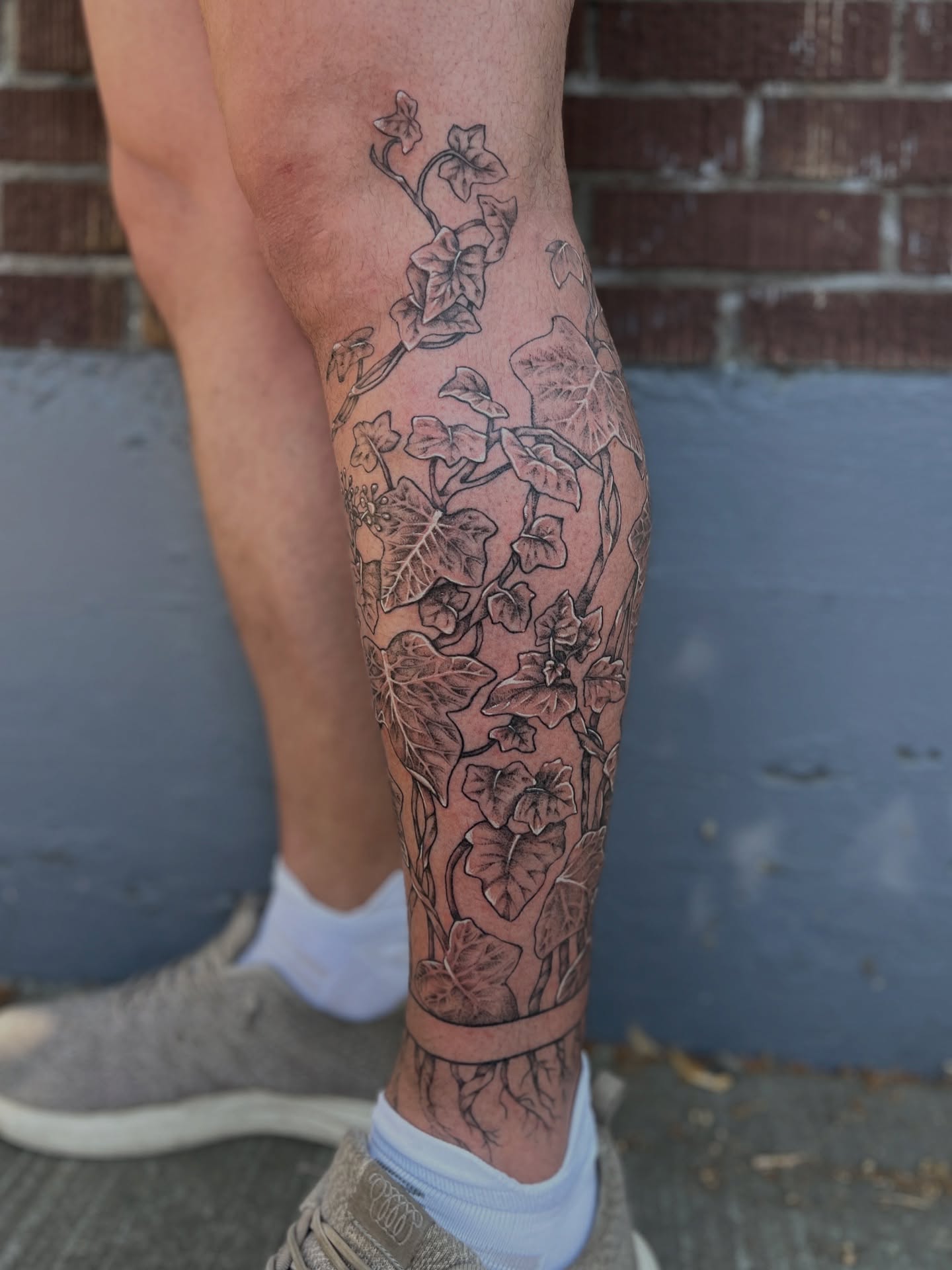 Ivy vine black and grey tattoo on the calf by Kelsi Hooper, Seattle, Washington