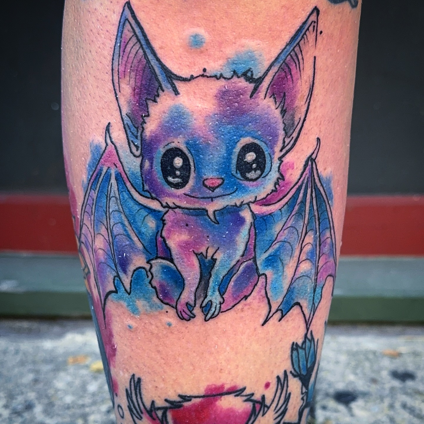 Bat watercolor tattoo on the forearm by Misty Dawn Brothers, Dayton, Ohio