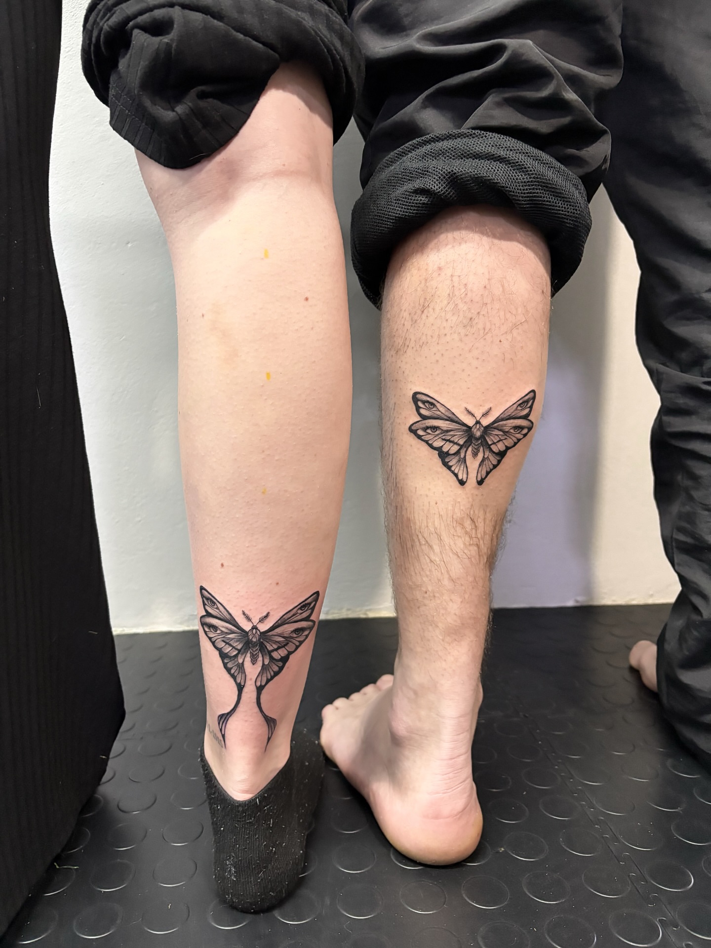 Butterfly black and grey tattoo on the leg by Art by Aimee