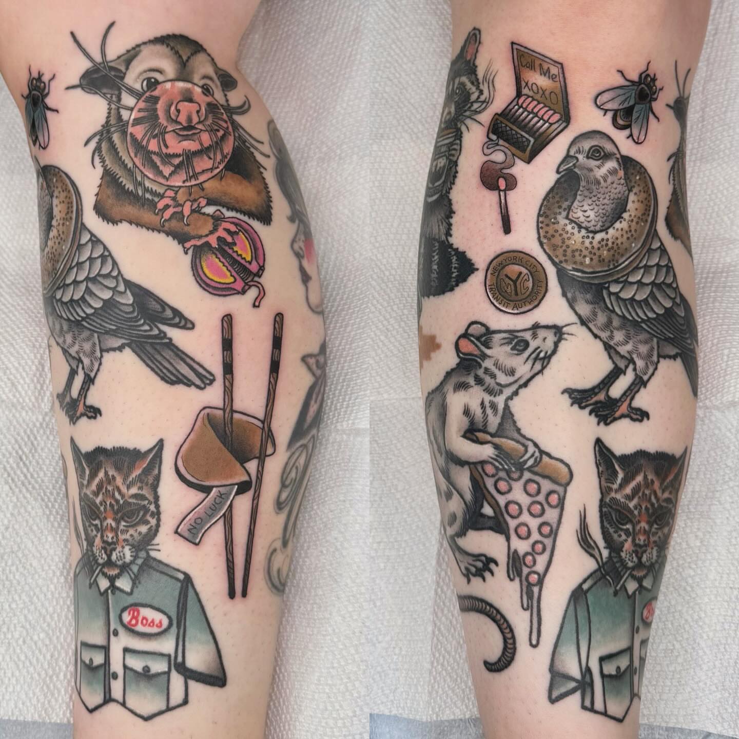 Animal motifs American traditional tattoo on the forearm by Curtis Stairs, Seattle, Washington