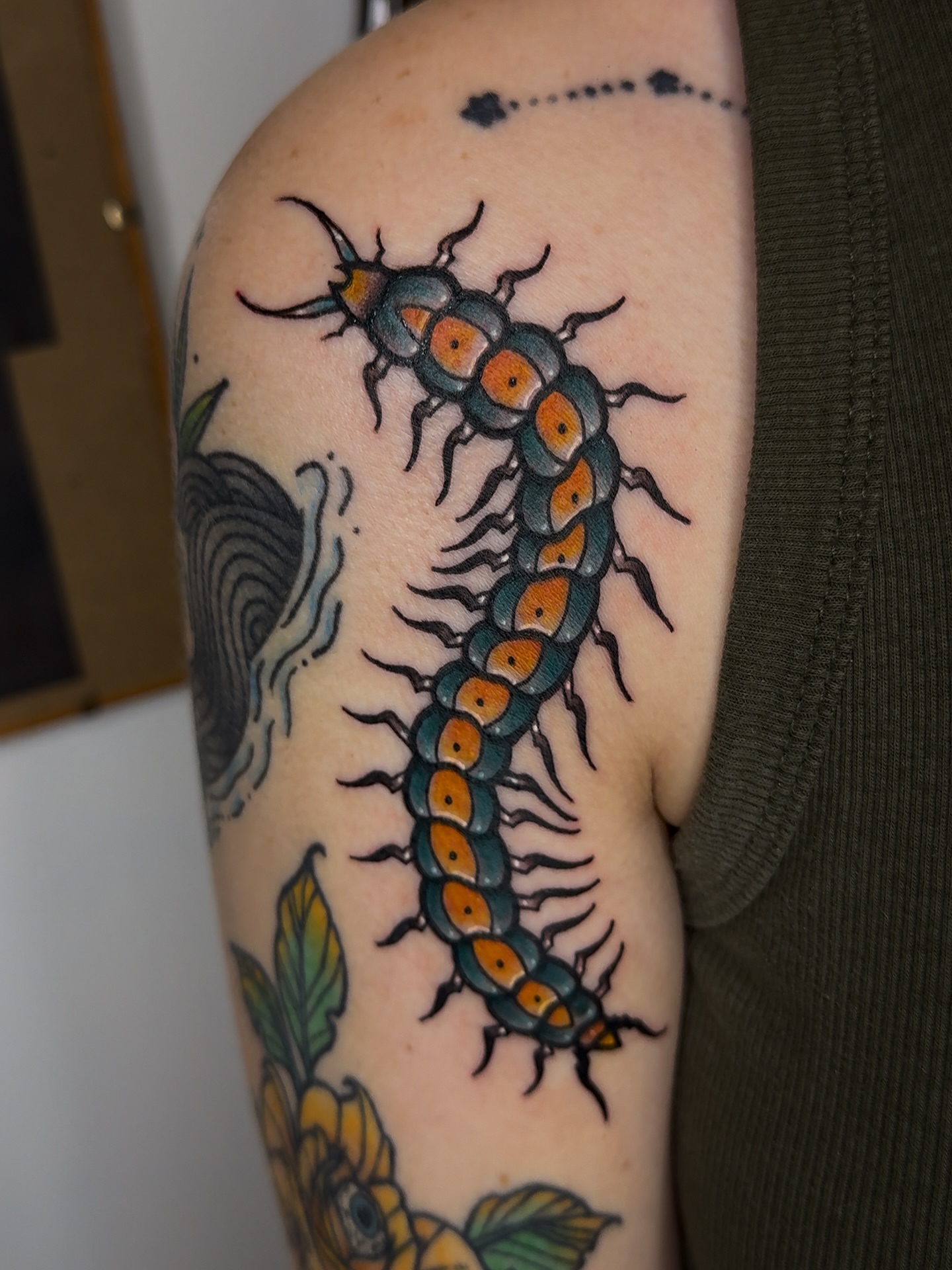 Centipede dotwork tattoo on the forearm by Eden H., Columbus, Ohio