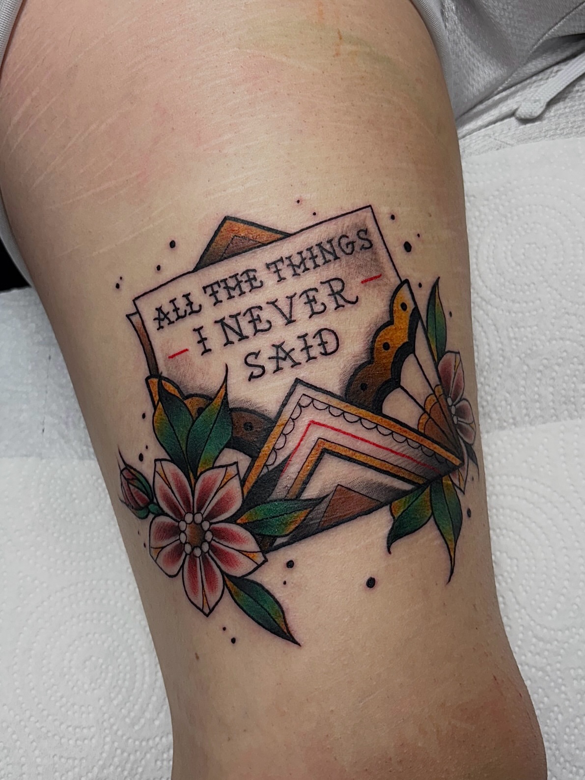 All the things i never said American traditional tattoo on the forearm by Dyllan Shipley
