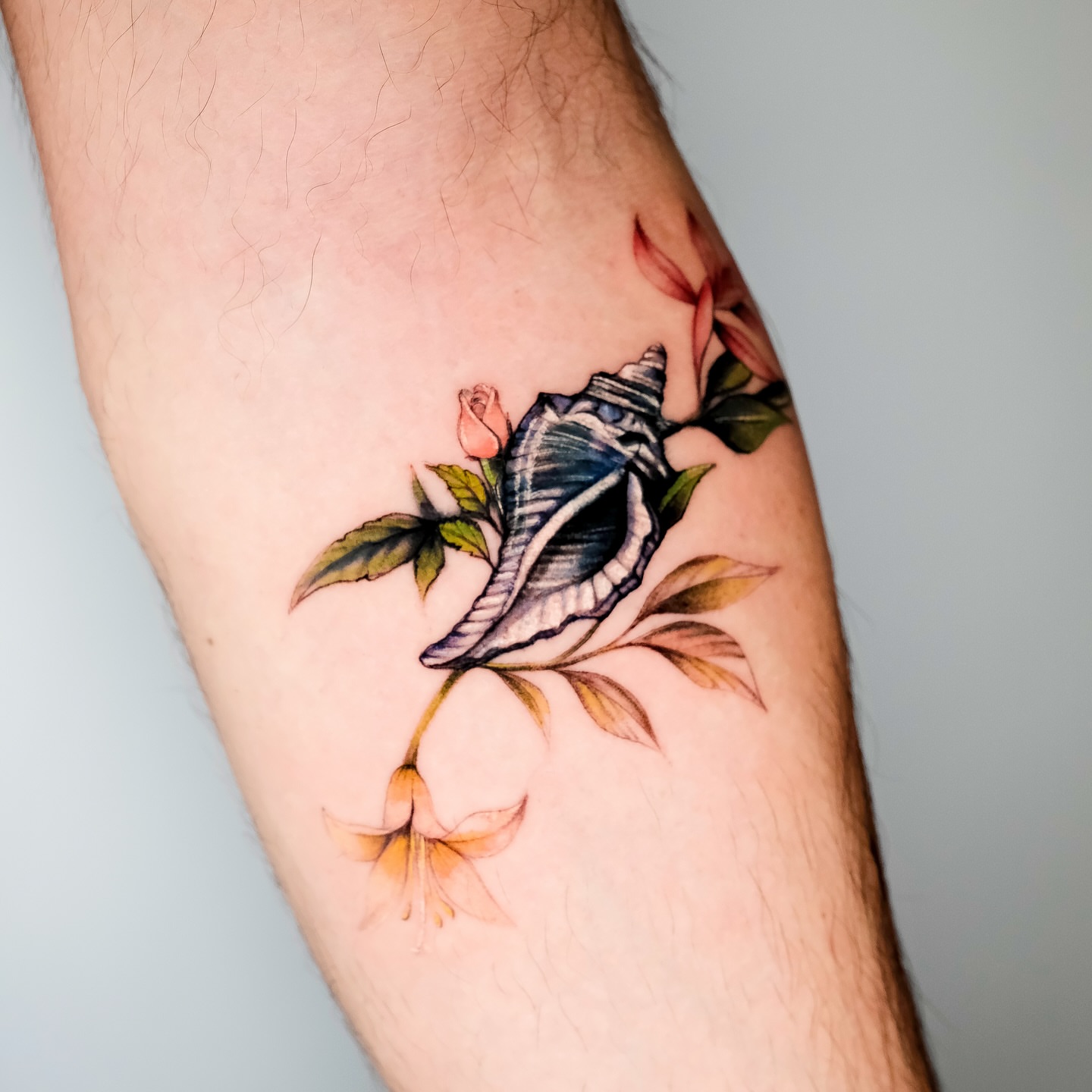 Shell and flowers realism tattoo on the forearm by NAS