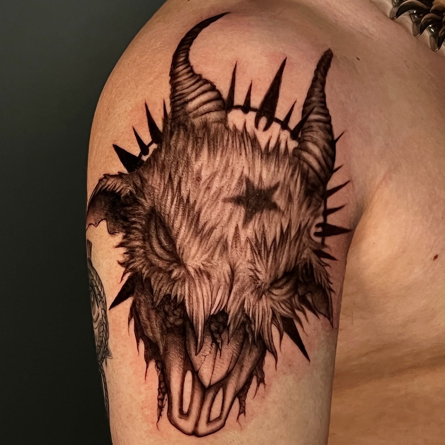 Demon skull dark realism tattoo on the shoulder by ☆ Kelly ☆