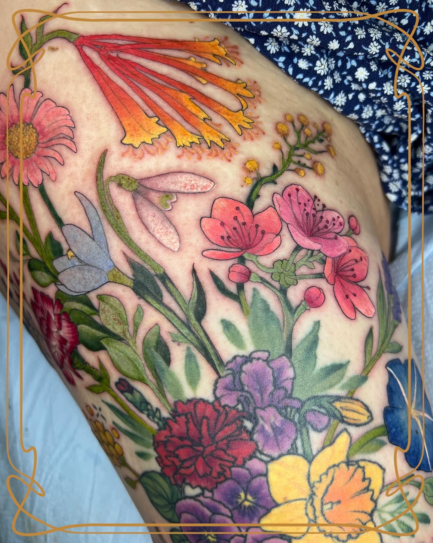 Floral bouquet realism tattoo on the thigh by Severin Black