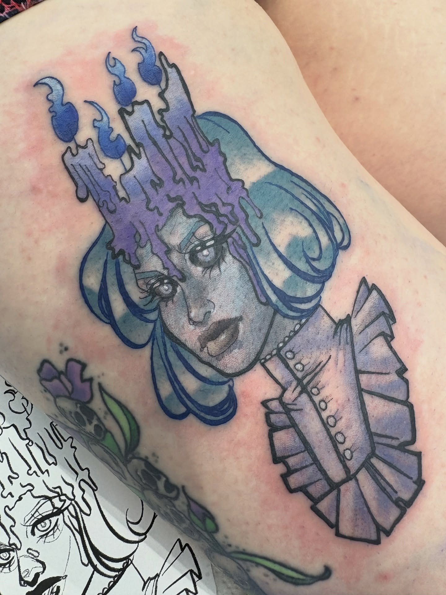 Woman with candles realism tattoo on the thigh by Gabby