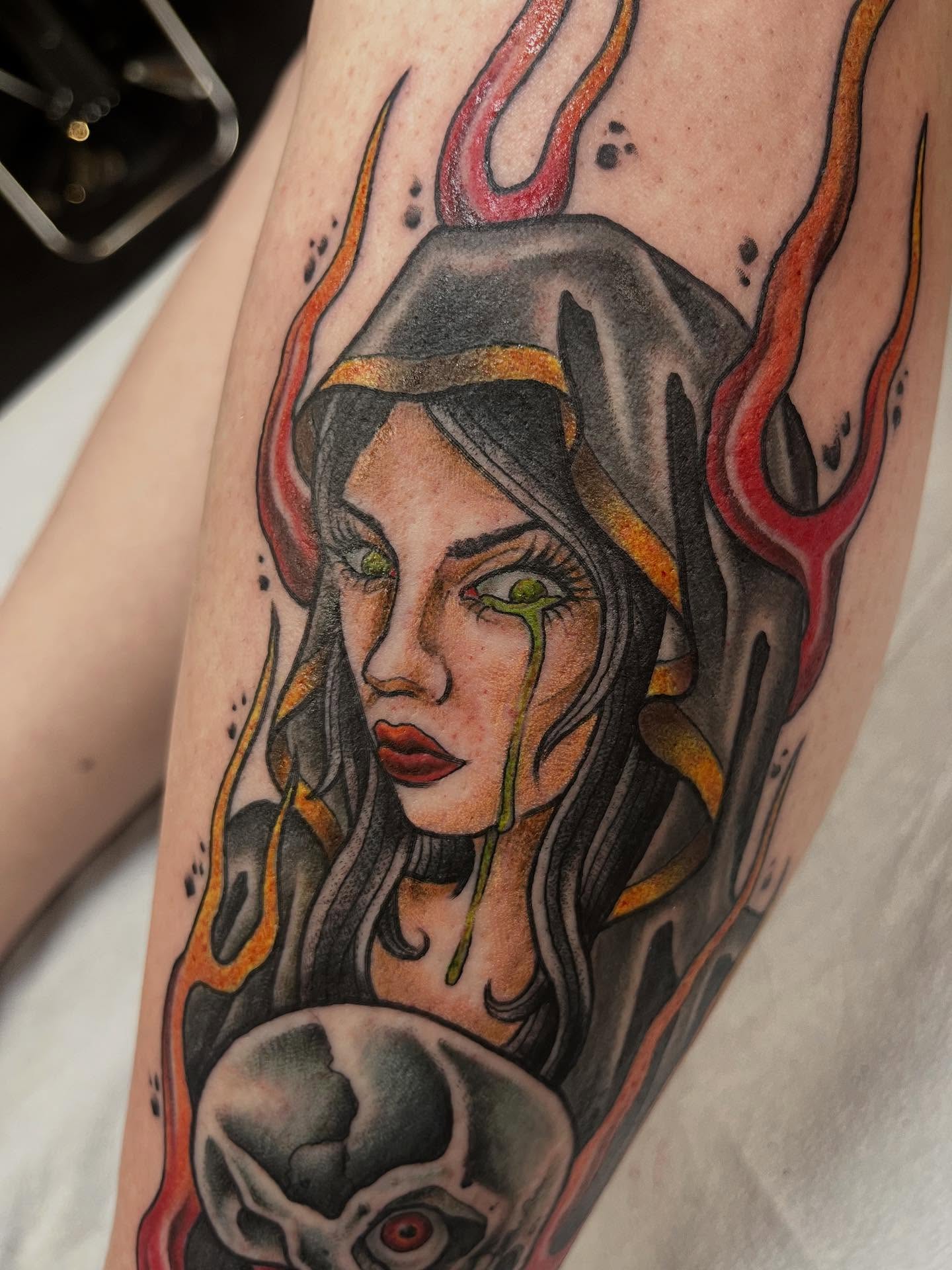 Woman with skull realism tattoo on the forearm by Allie Tippets, Gilbert, Arizona