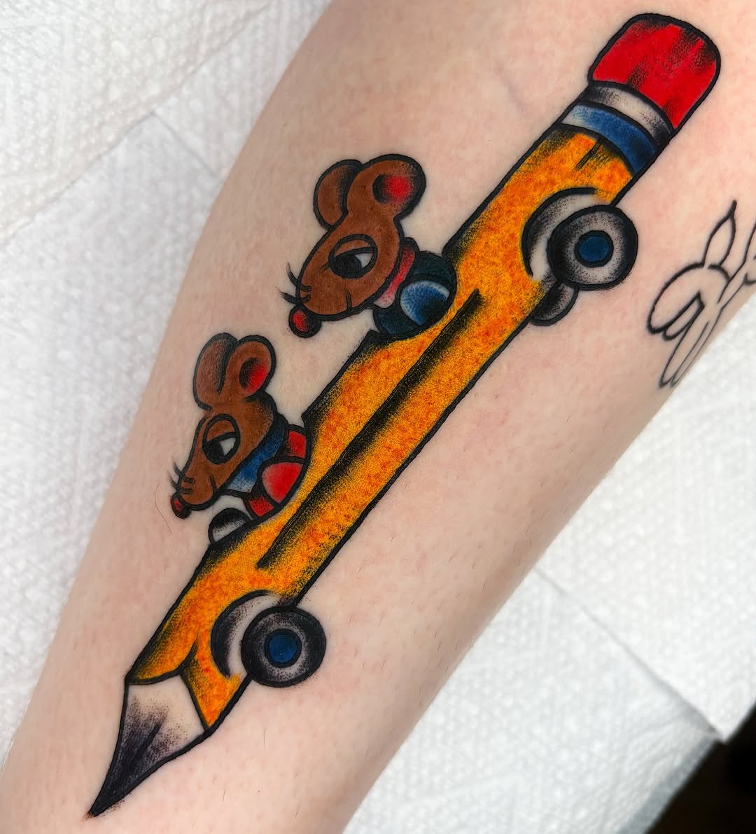 Pencil with mice new school tattoo on the forearm by ✨ Gabi ✨
