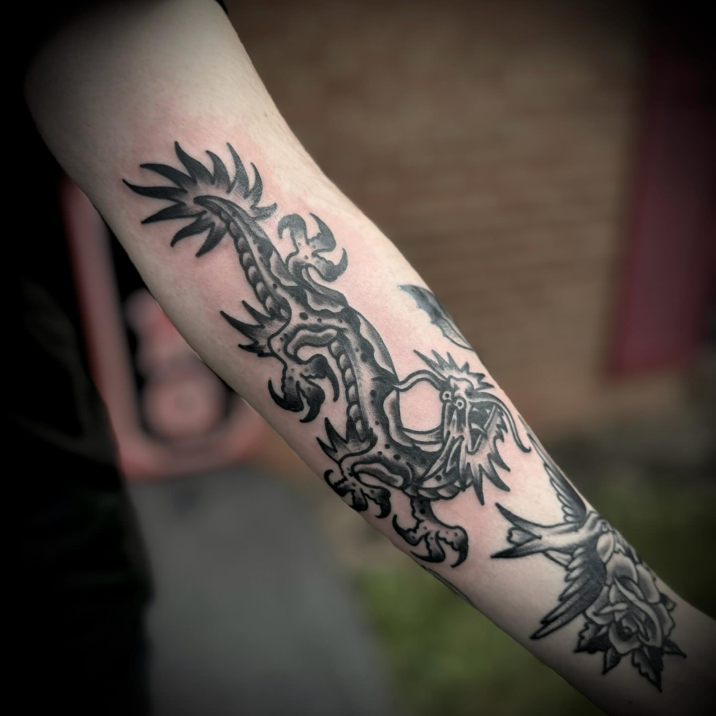 Dragon and bird black and grey tattoo on the forearm by Troy Mort, Altoona, Pennsylvania