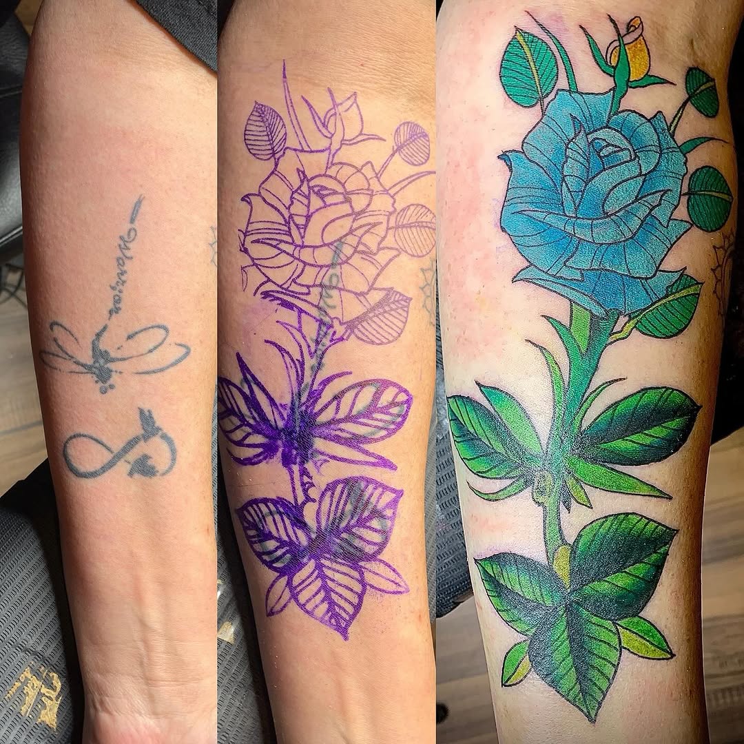 Blue rose with leaves watercolor tattoo on the forearm by @colorrobbie