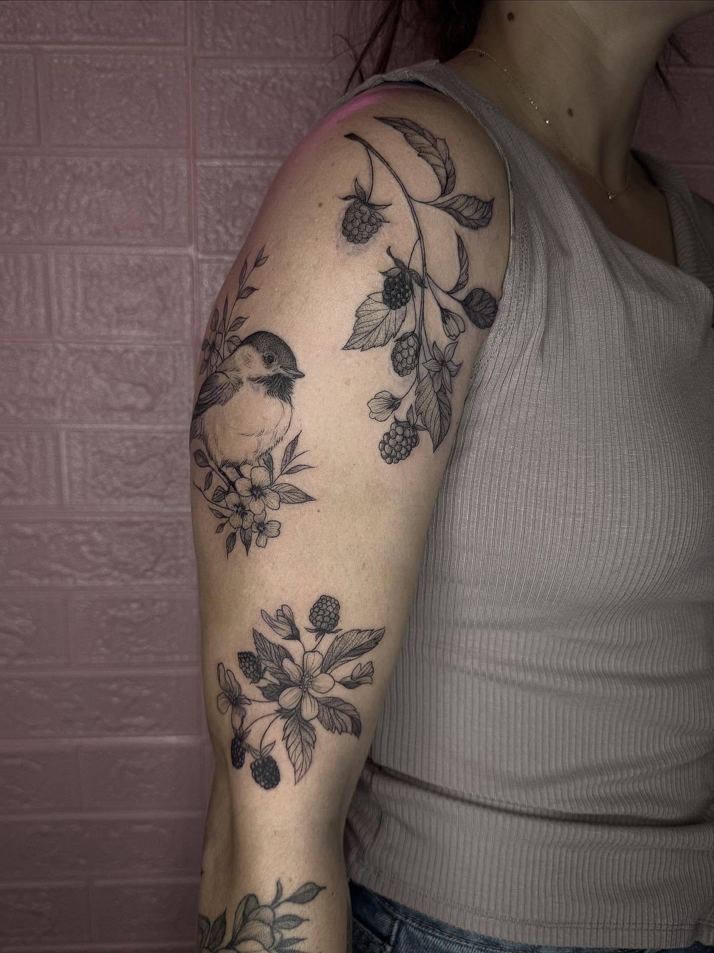 Bird and berries black and grey tattoo on the upper arm by Bethbeforedishonor, Rochester, New York