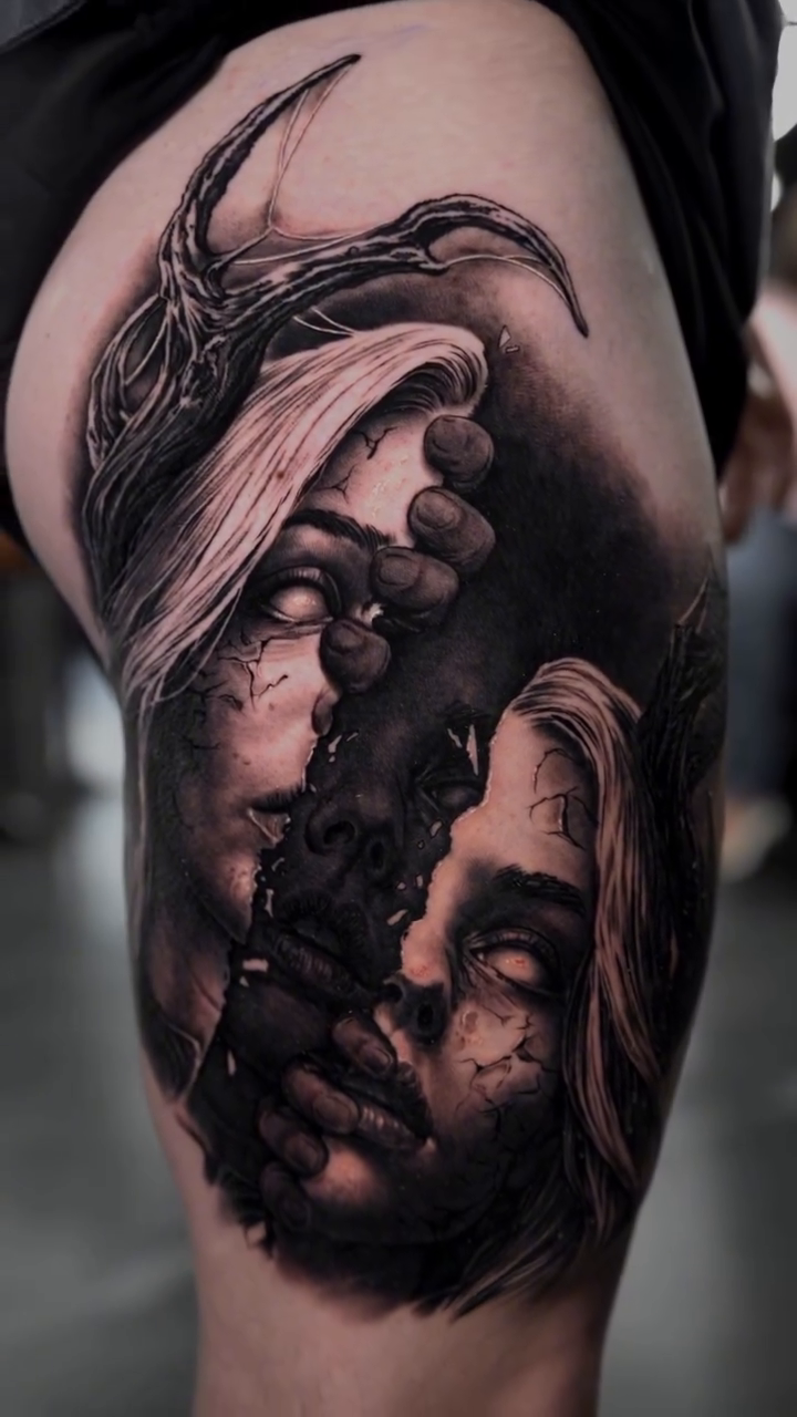 Two faces merging dark realism tattoo by 𝒁𝒂𝒌 𝑷𝒆𝒓𝒓𝒚