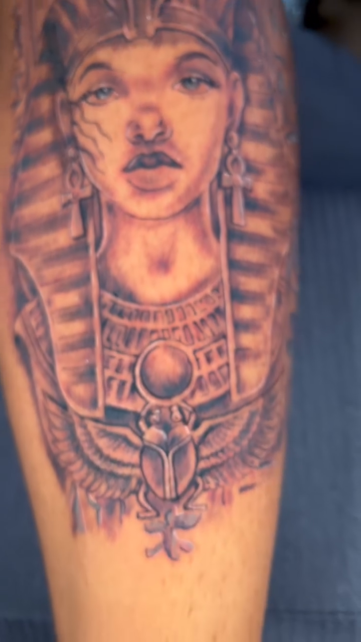 Egyptian queen with scarab beetle realism tattoo by Jakobi