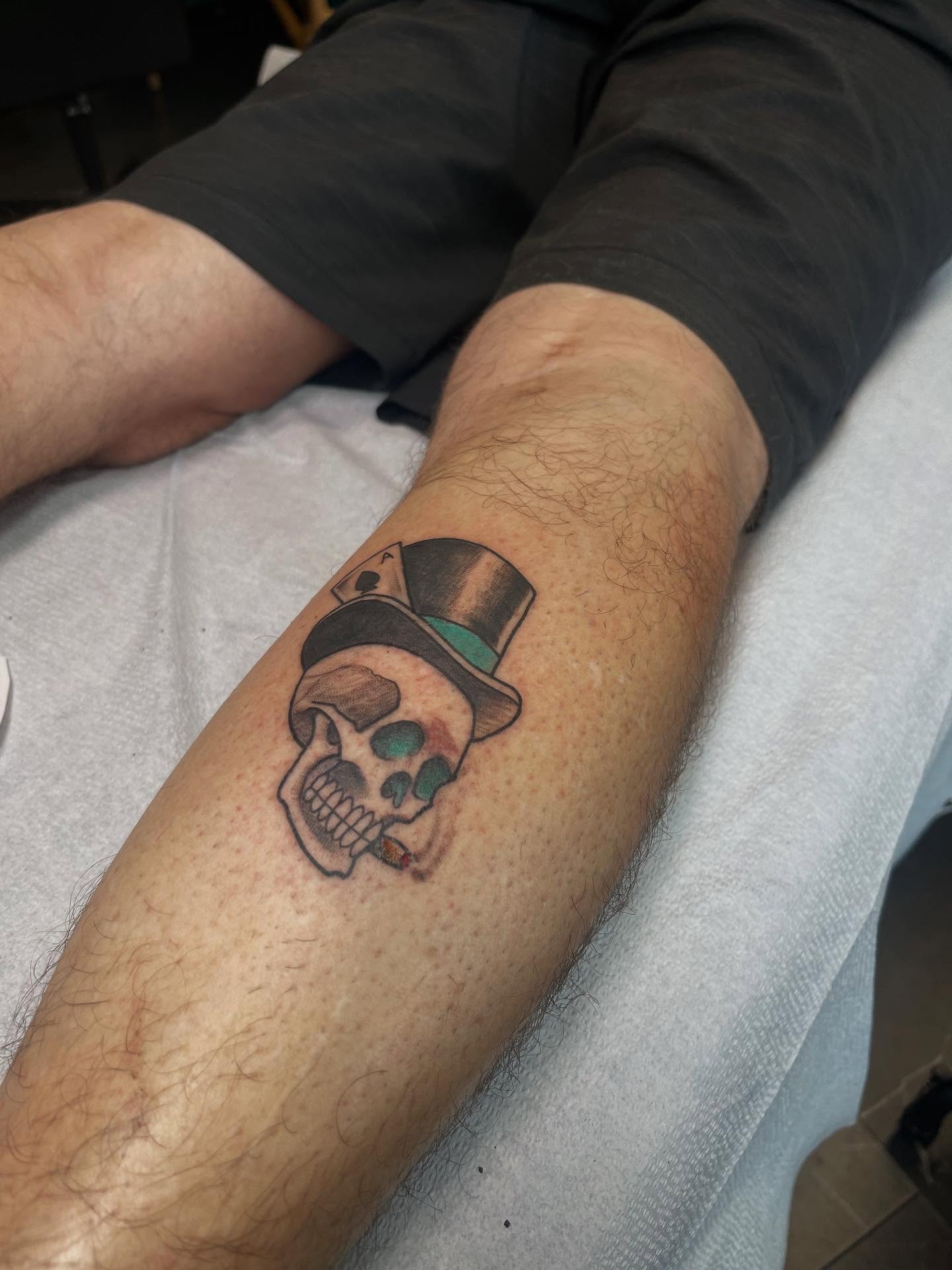Skull wearing top hat American traditional tattoo on the forearm by ๐ต๐๐๐ ๐ฐ๐๐๐