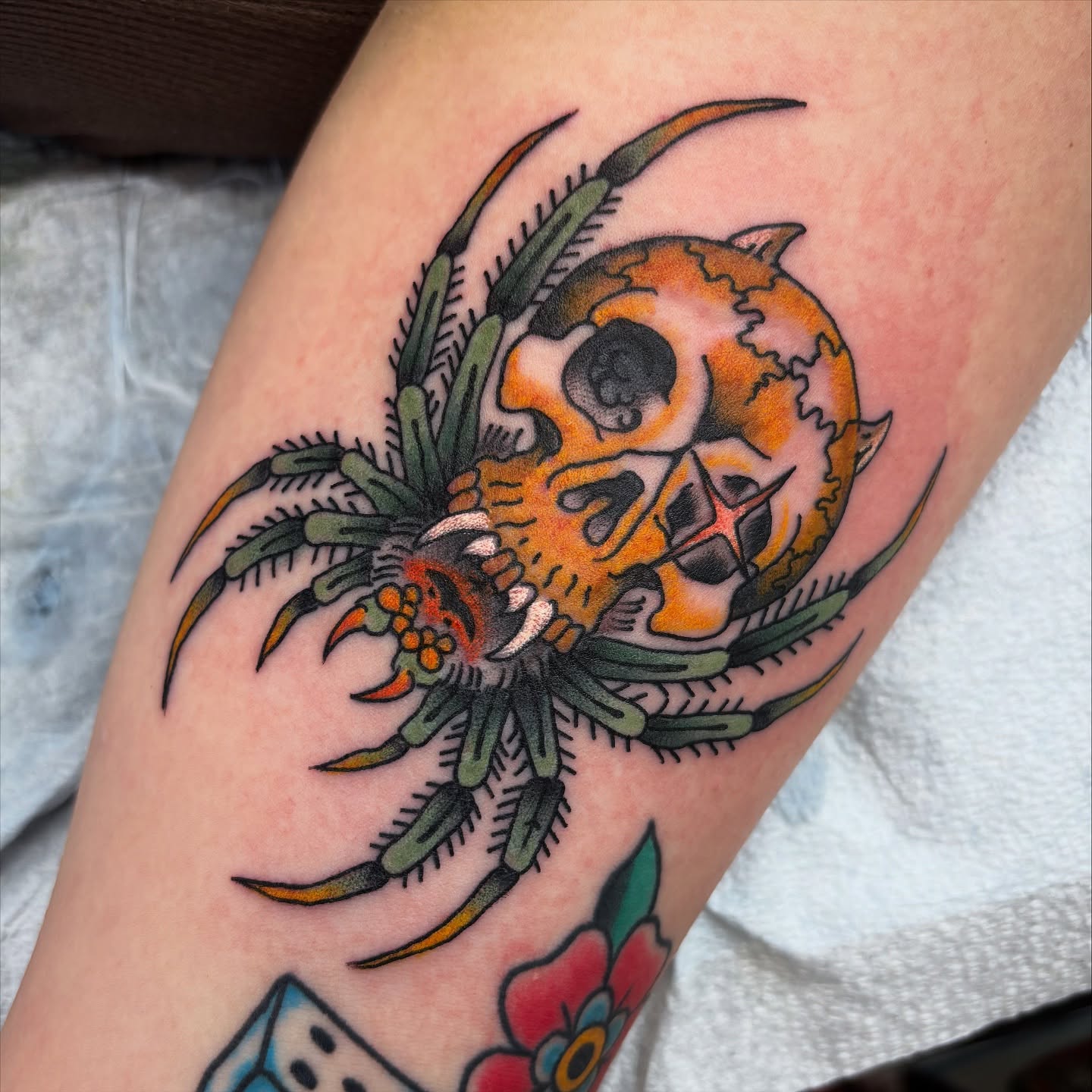 Skull crab American traditional tattoo on the forearm by Adam Bailey, Portland, Oregon