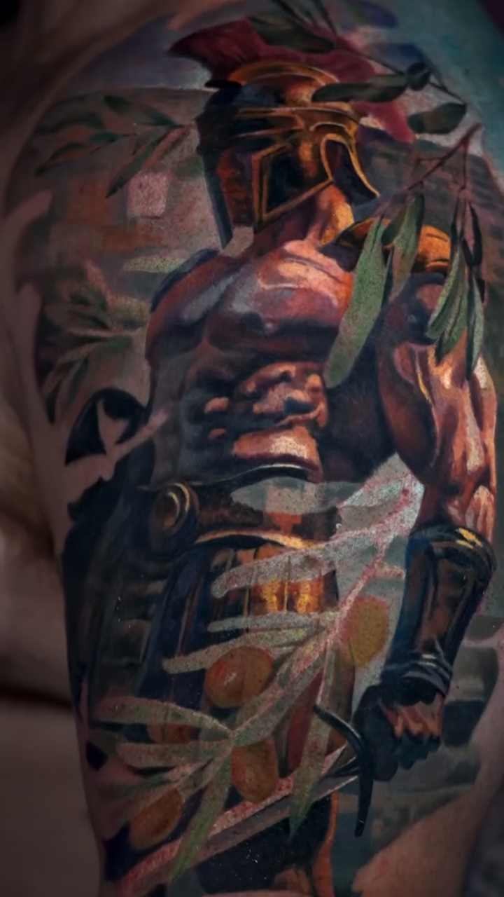 Spartan warrior realism tattoo by Slava Bodrov
