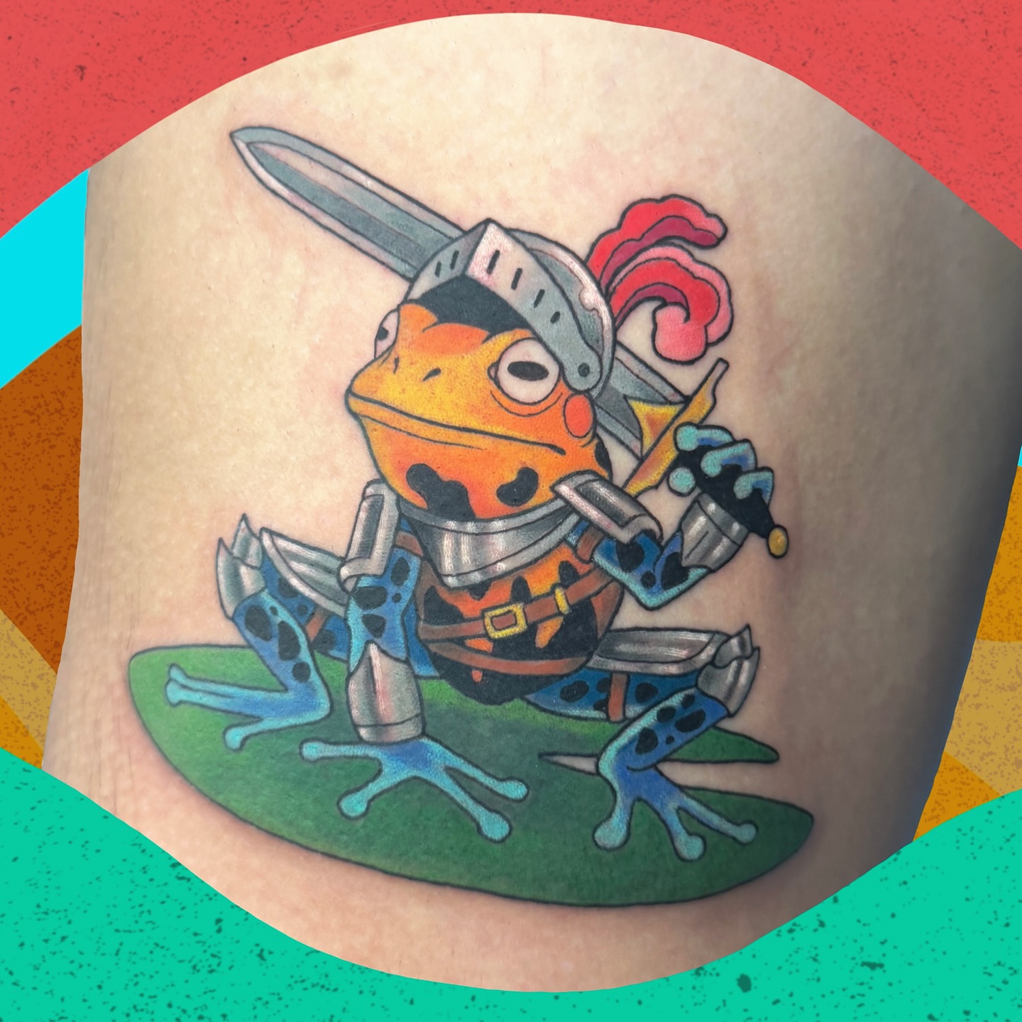 Frog knight new school tattoo on the forearm by π. ππππ, San Francisco, California