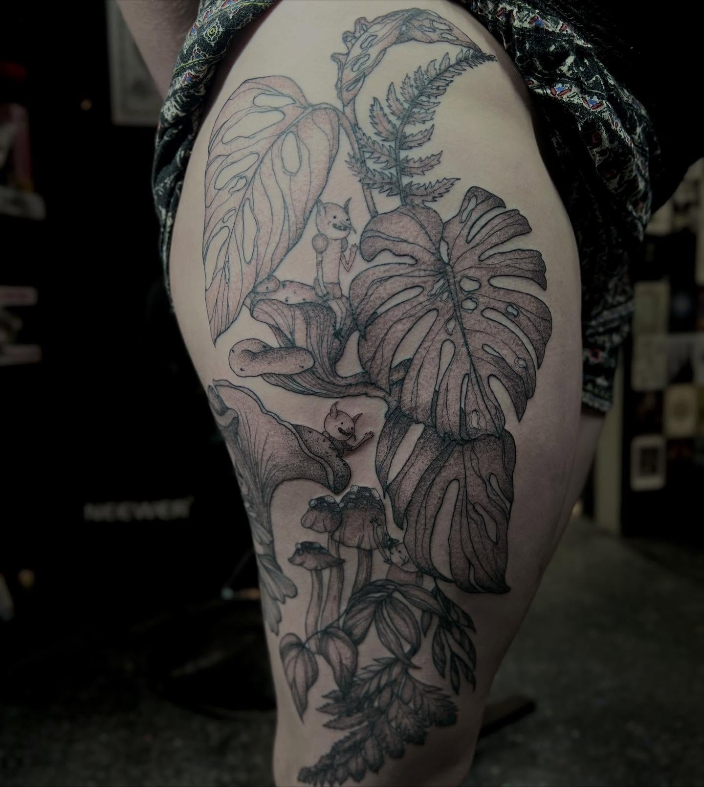 Jungle scene dotwork tattoo on the thigh by 𝖑𝖎𝖑 𝖗𝖎𝖘𝖘