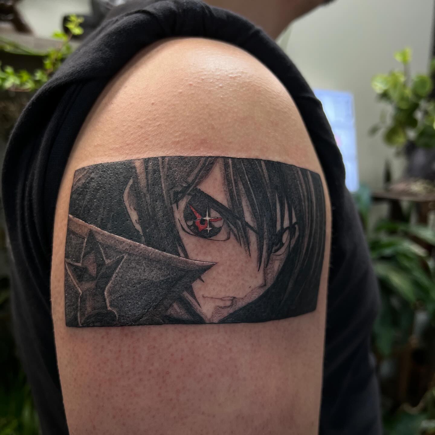 Anime character anime tattoo on the shoulder by 𝖑𝖎𝖑 𝖗𝖎𝖘𝖘