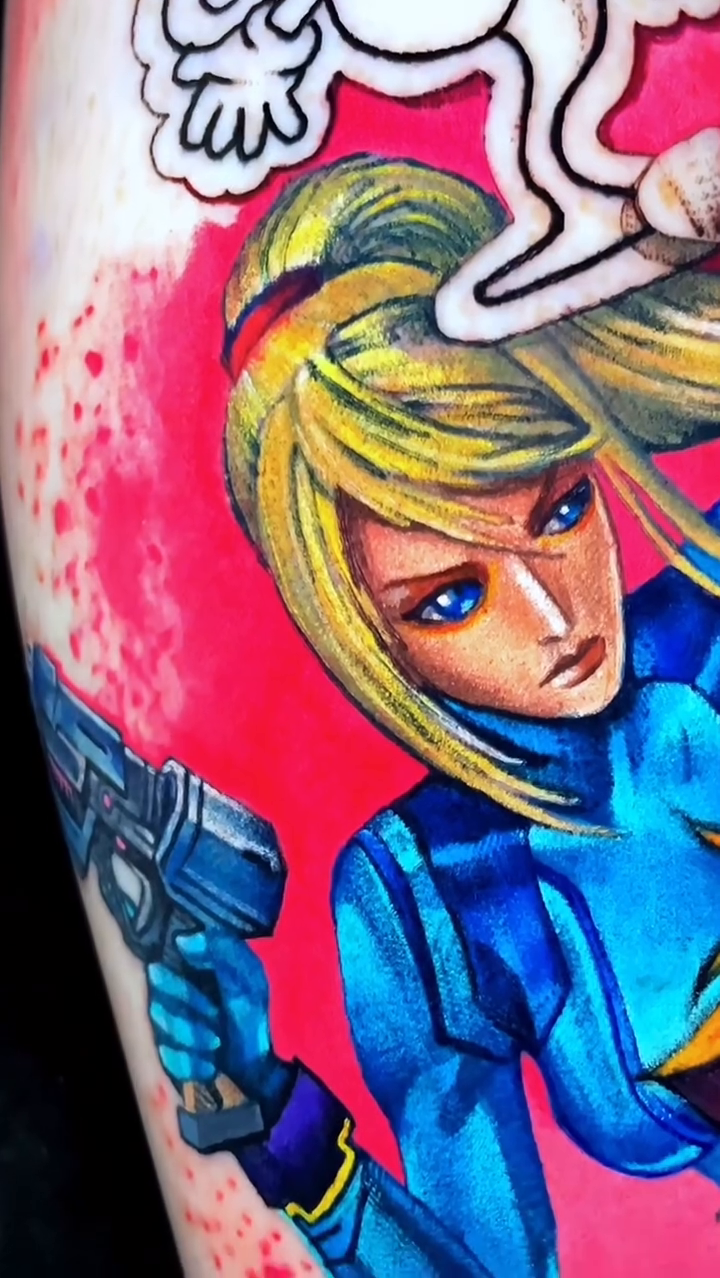 Samus Aran and Princess Peach anime tattoo by Tattoo artist in Seattle, WA