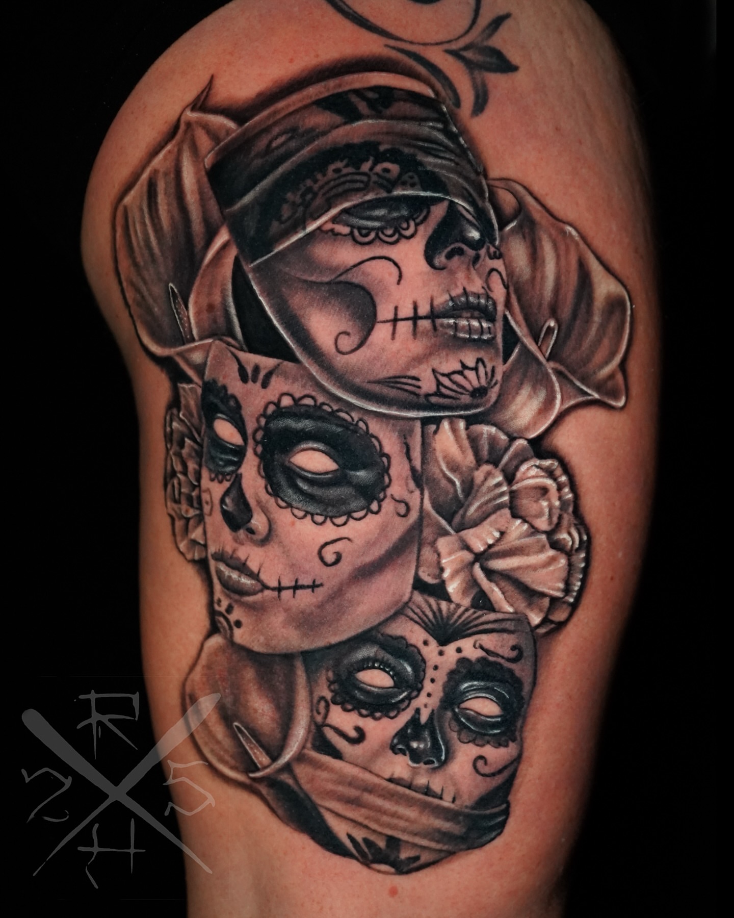Sugar skulls realism tattoo on the forearm by Ryan