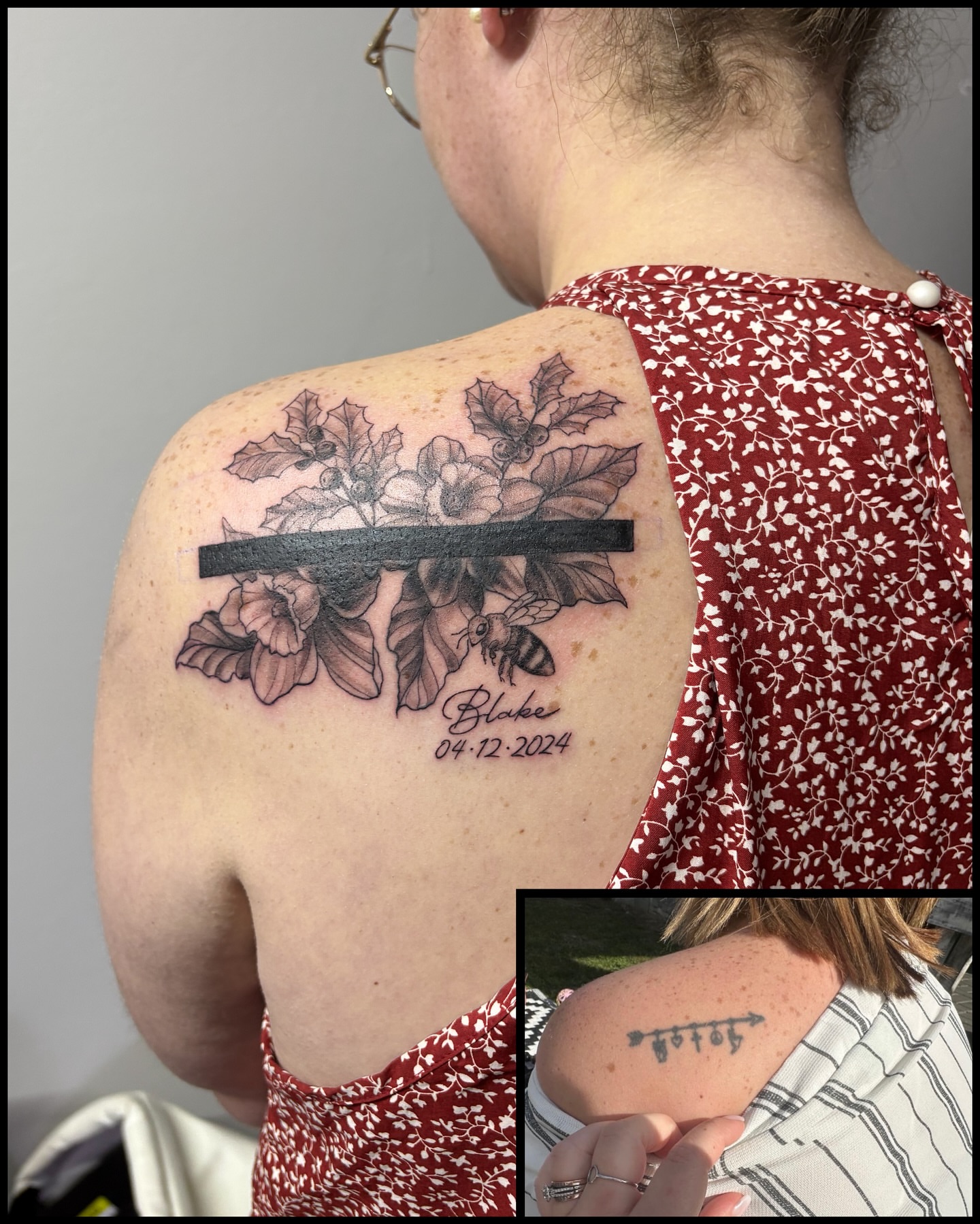 Flower arrangement with bee black and grey tattoo on the shoulder by Art by Aimee