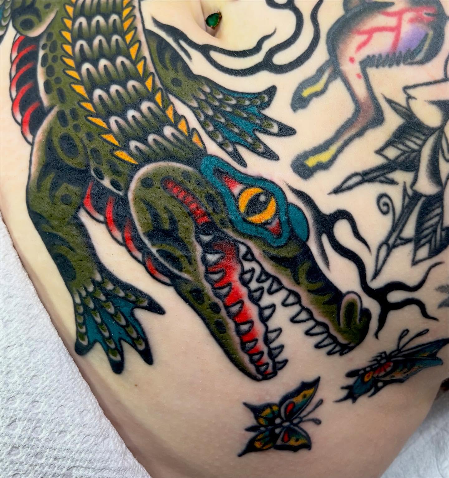 Alligator American traditional tattoo on the torso by sally ★ lee