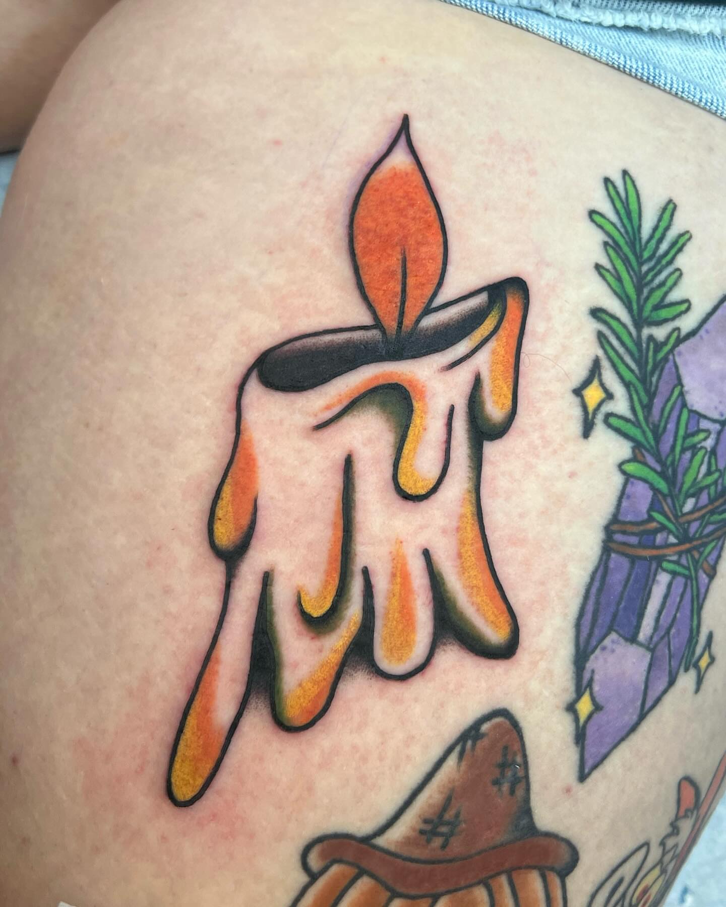Candle American traditional tattoo on the thigh by 💧cry Bby💧