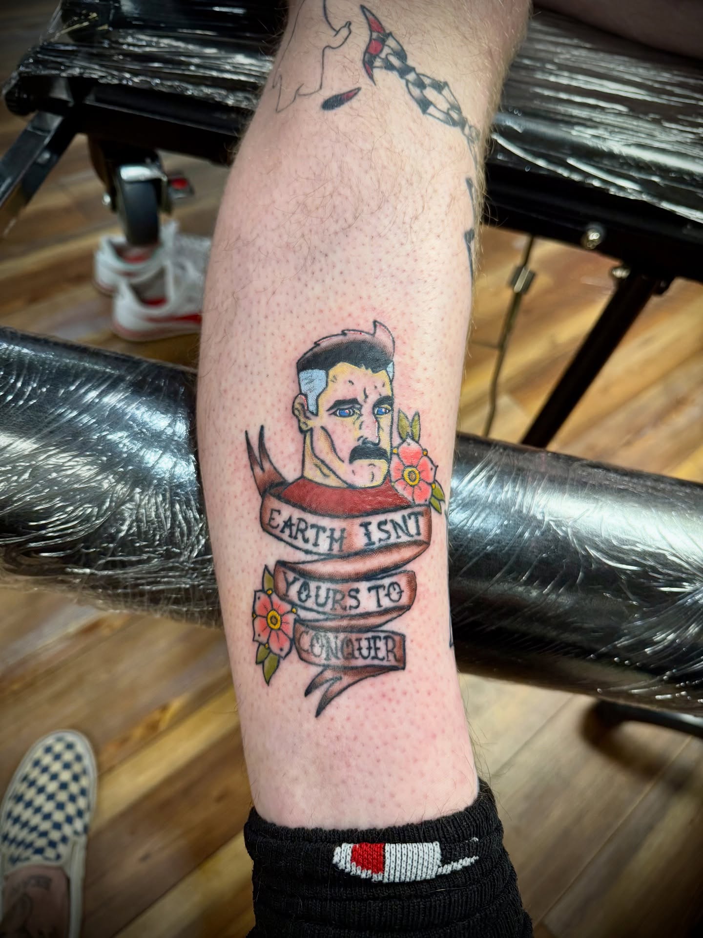 Portrait with quote American traditional tattoo on the forearm by Palmer Andrist🩸Fort Collins Tattoo Apprentice