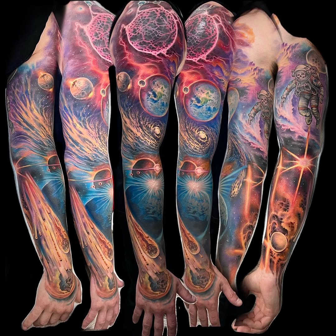Space scene with planets and astronaut surrealism tattoo by Daniel Fisher, Berlin, New Jersey