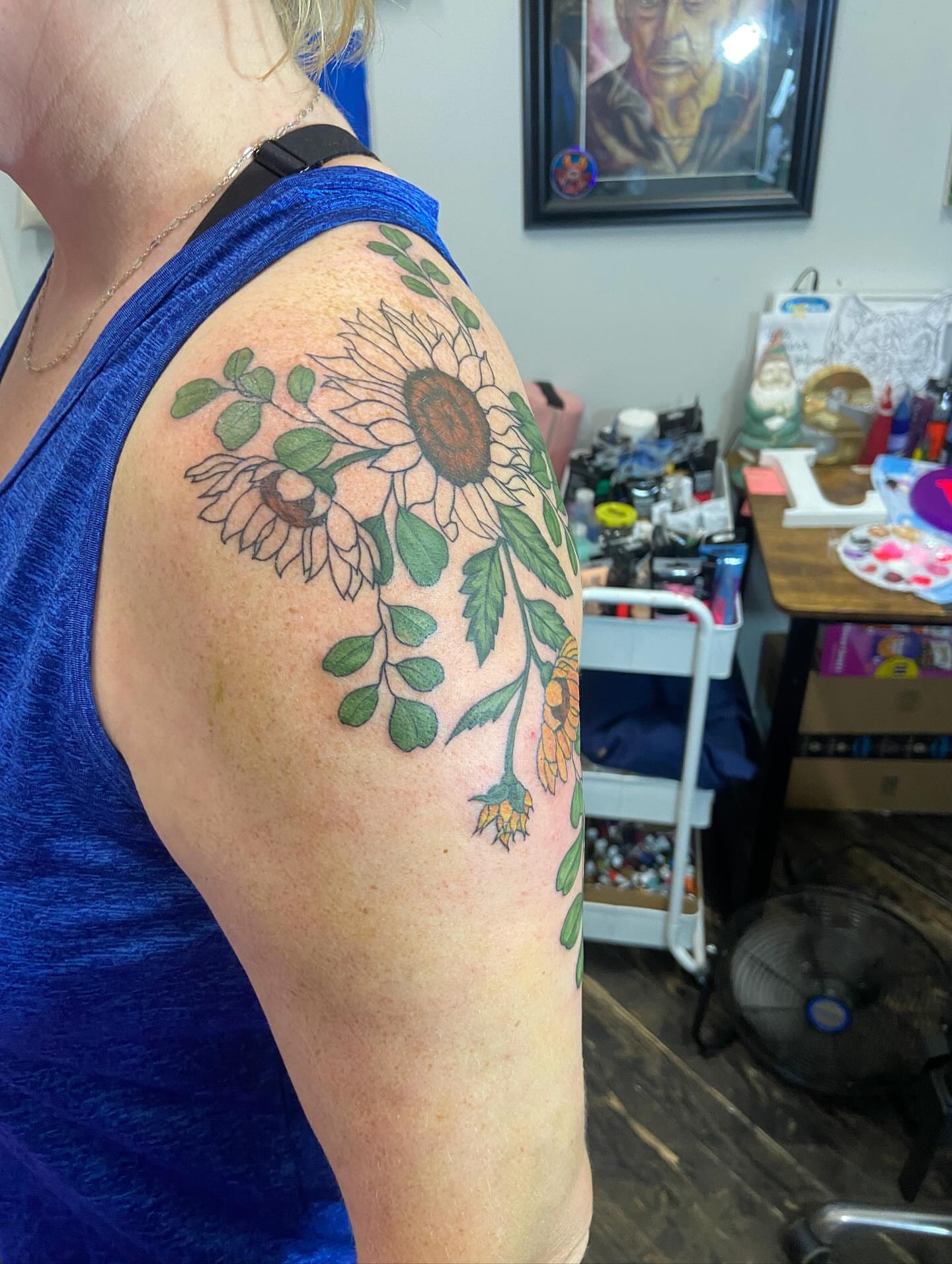 Sunflower American traditional tattoo on the shoulder by Dont Worry About It