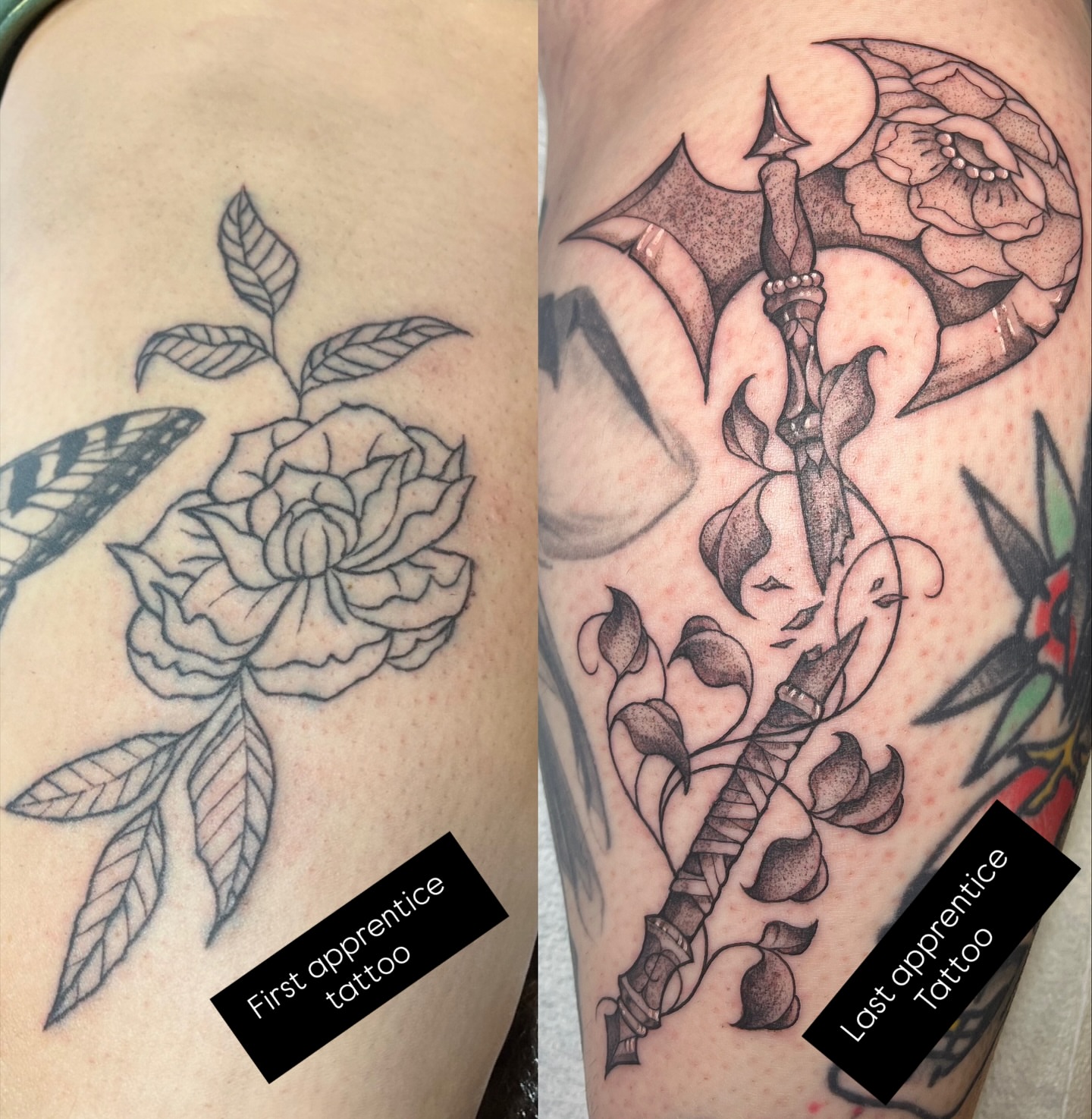 Flower and bat black and grey tattoo on the upper arm by Dee - MA Tattoo Artist, Concord, Massachusetts