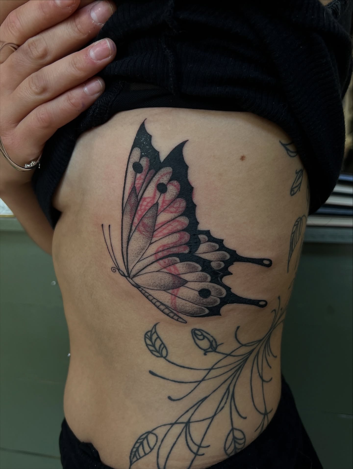 Butterfly black and grey tattoo on the ribs by @syrenbier, San Francisco, California