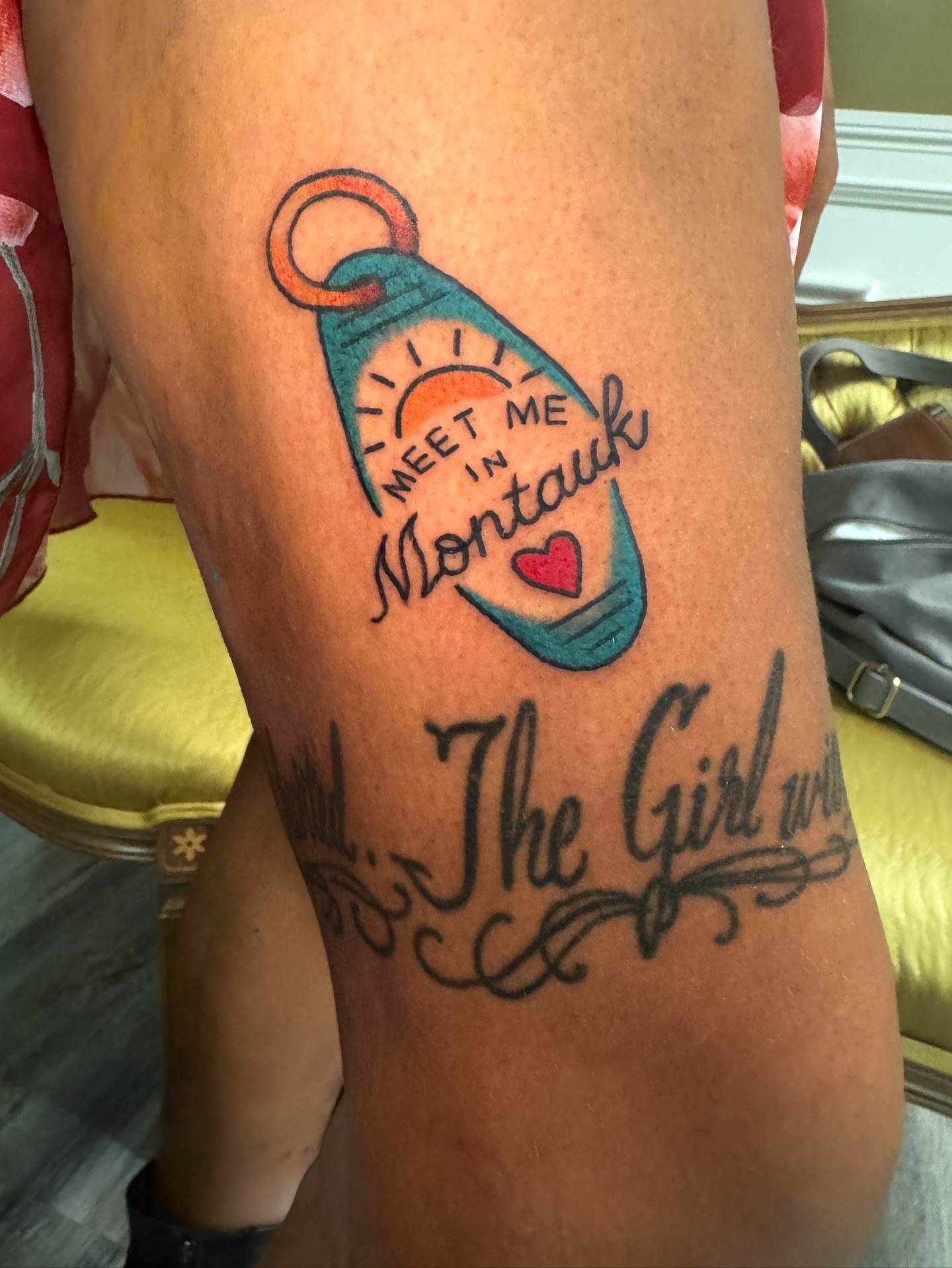 Compass and text American traditional tattoo on the thigh by Perrey