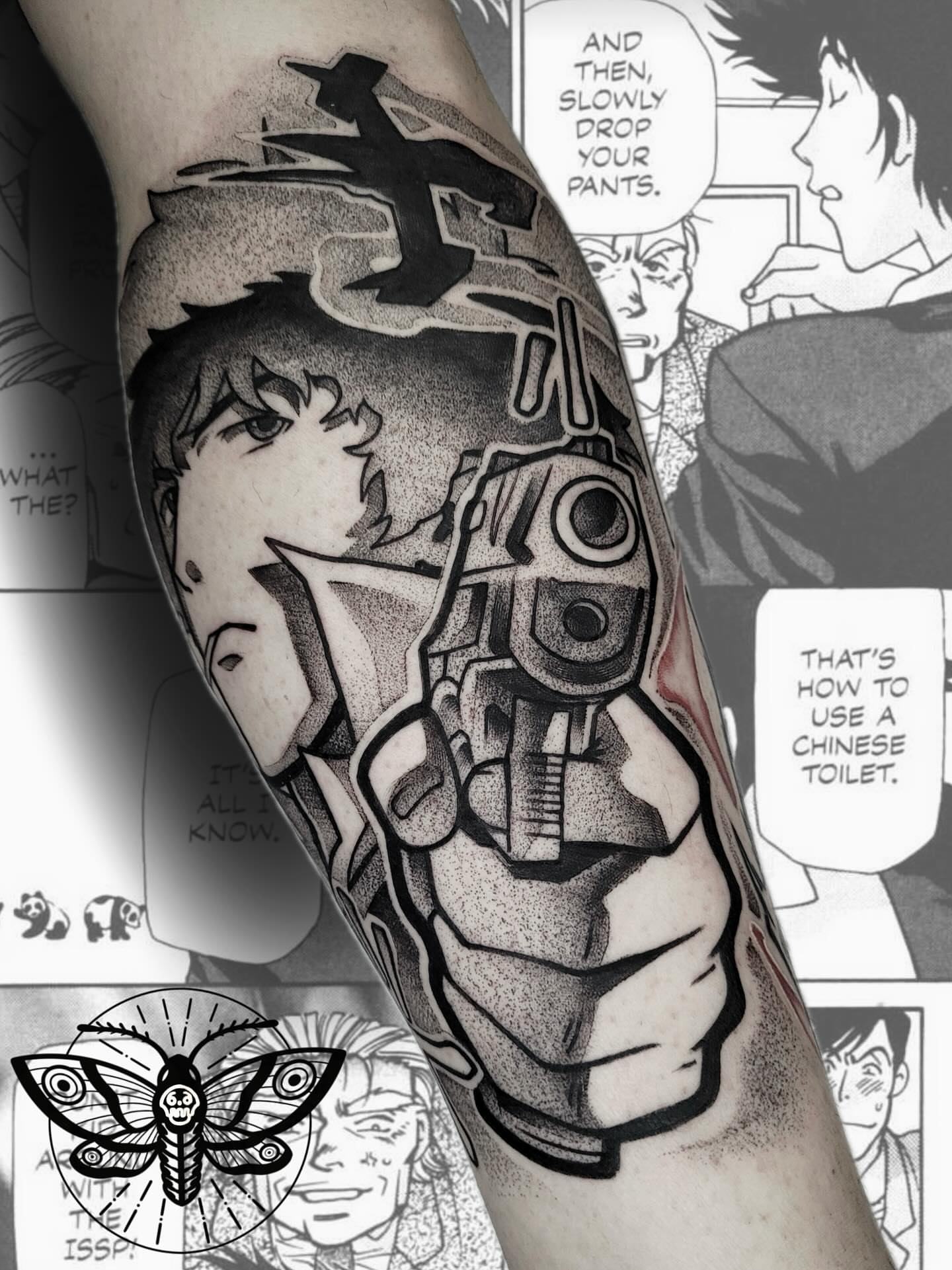 Gun and manga panel dotwork tattoo on the forearm by Danny, San Luis Obispo, California