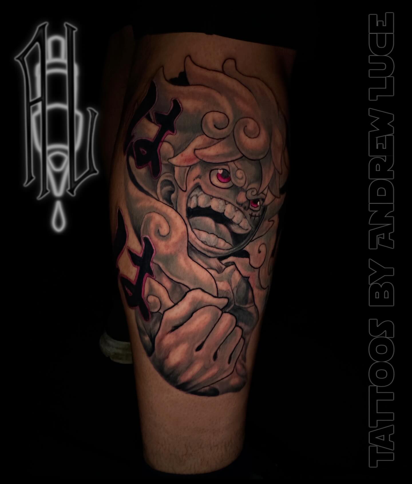 Demon mask japanese irezumi tattoo on the thigh by Andrew Luce