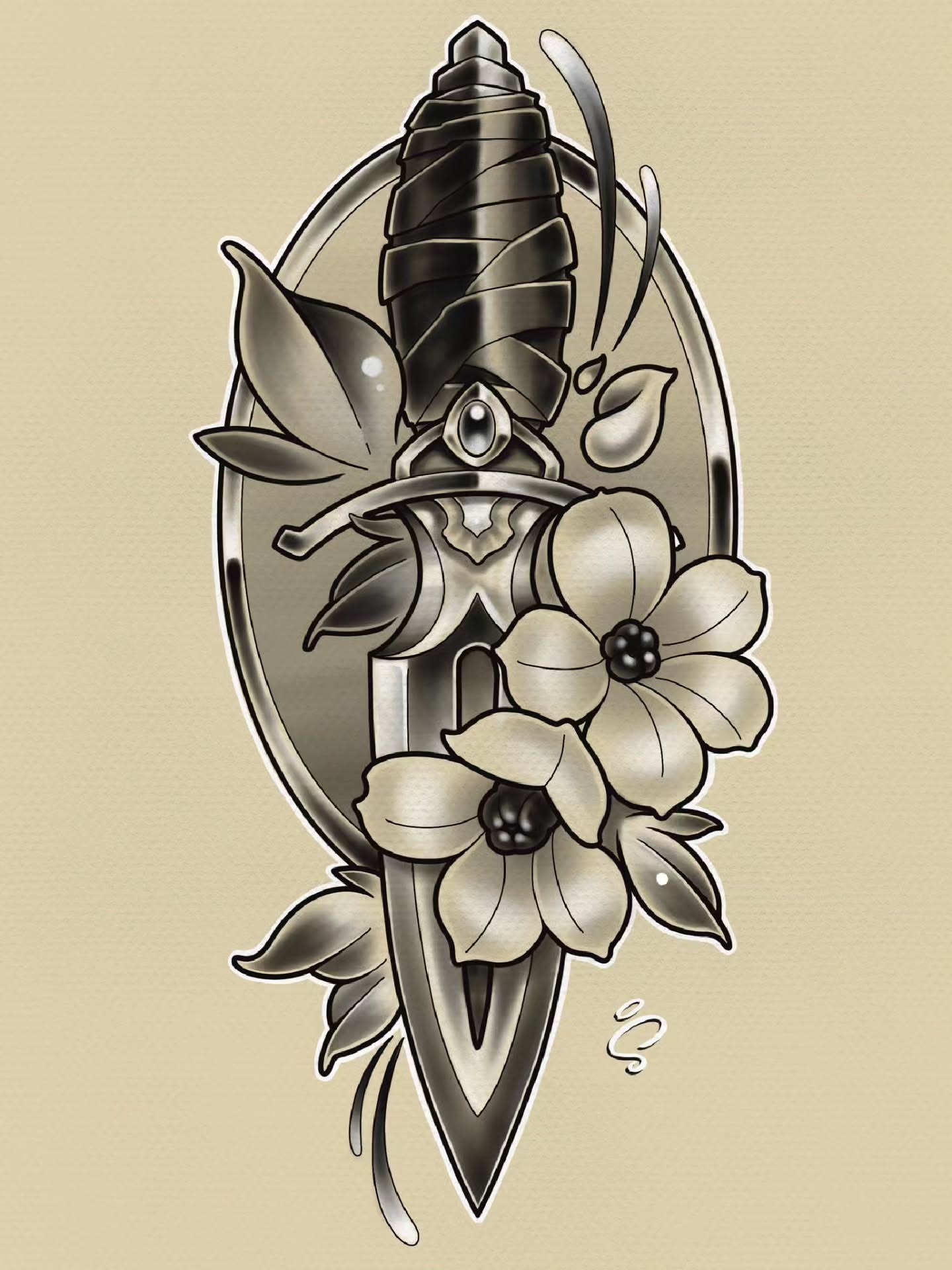 Sword and flowers ornamental tattoo by Steve Atkinson Tattoo Artist