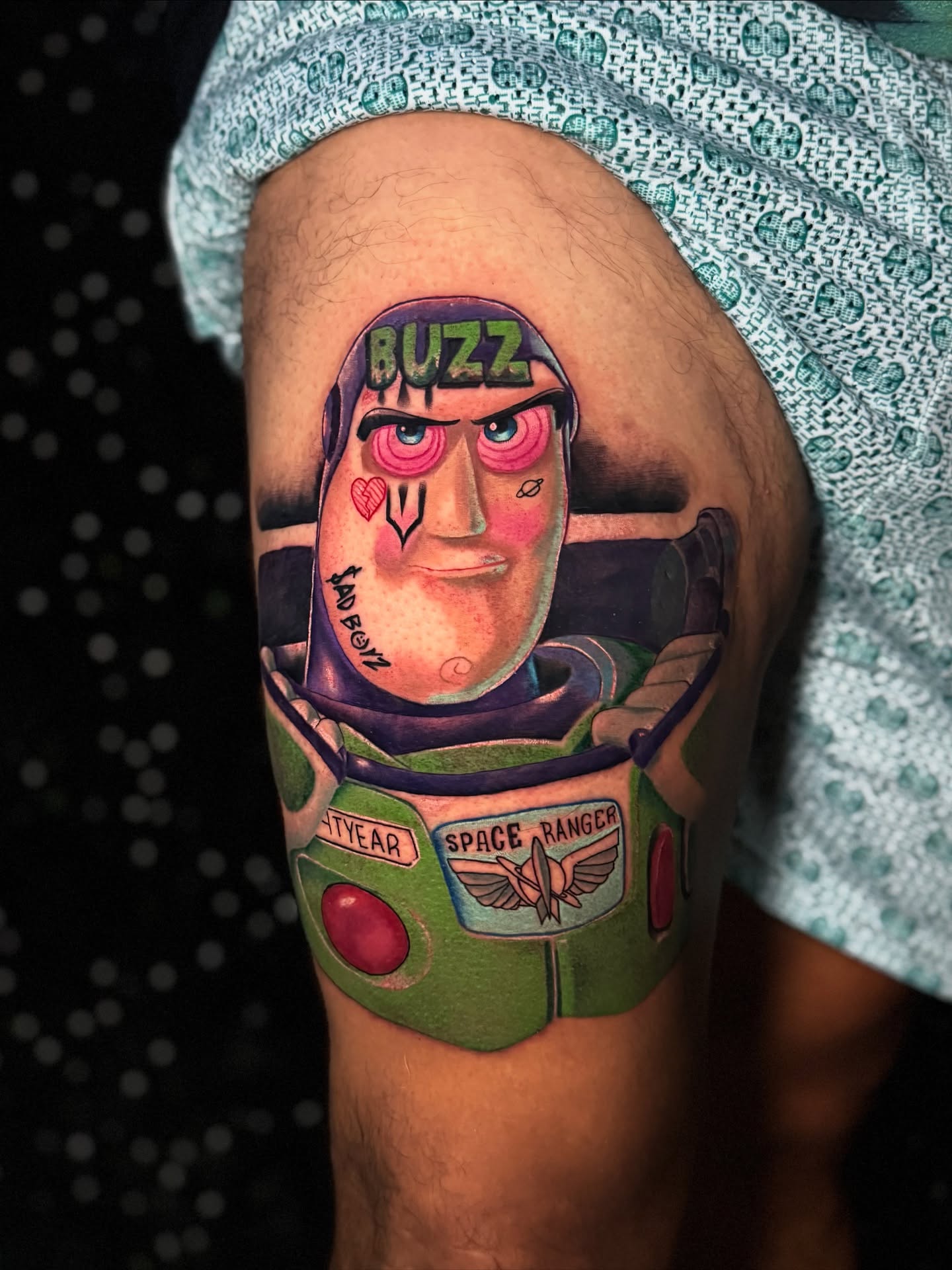 Buzz Lightyear realism tattoo on the thigh by Tattoo Artist