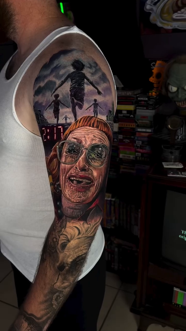 Elderly woman portrait and surreal landscape realism tattoo by Steven Pelkey, Eastpointe, Michigan