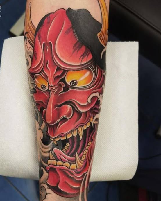 Demon mask japanese irezumi tattoo on the forearm by Peter John