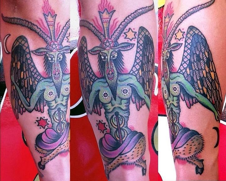Goat-headed woman American traditional tattoo on the forearm by Joe Truck