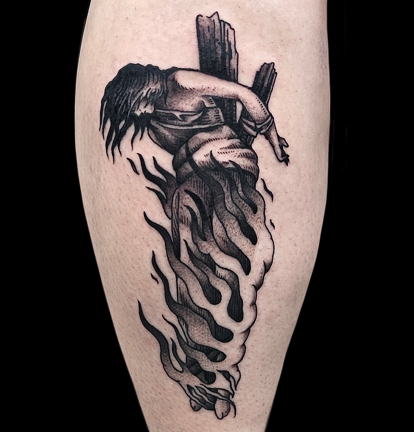 Bearded man black and grey tattoo on the leg by Madeline Brown