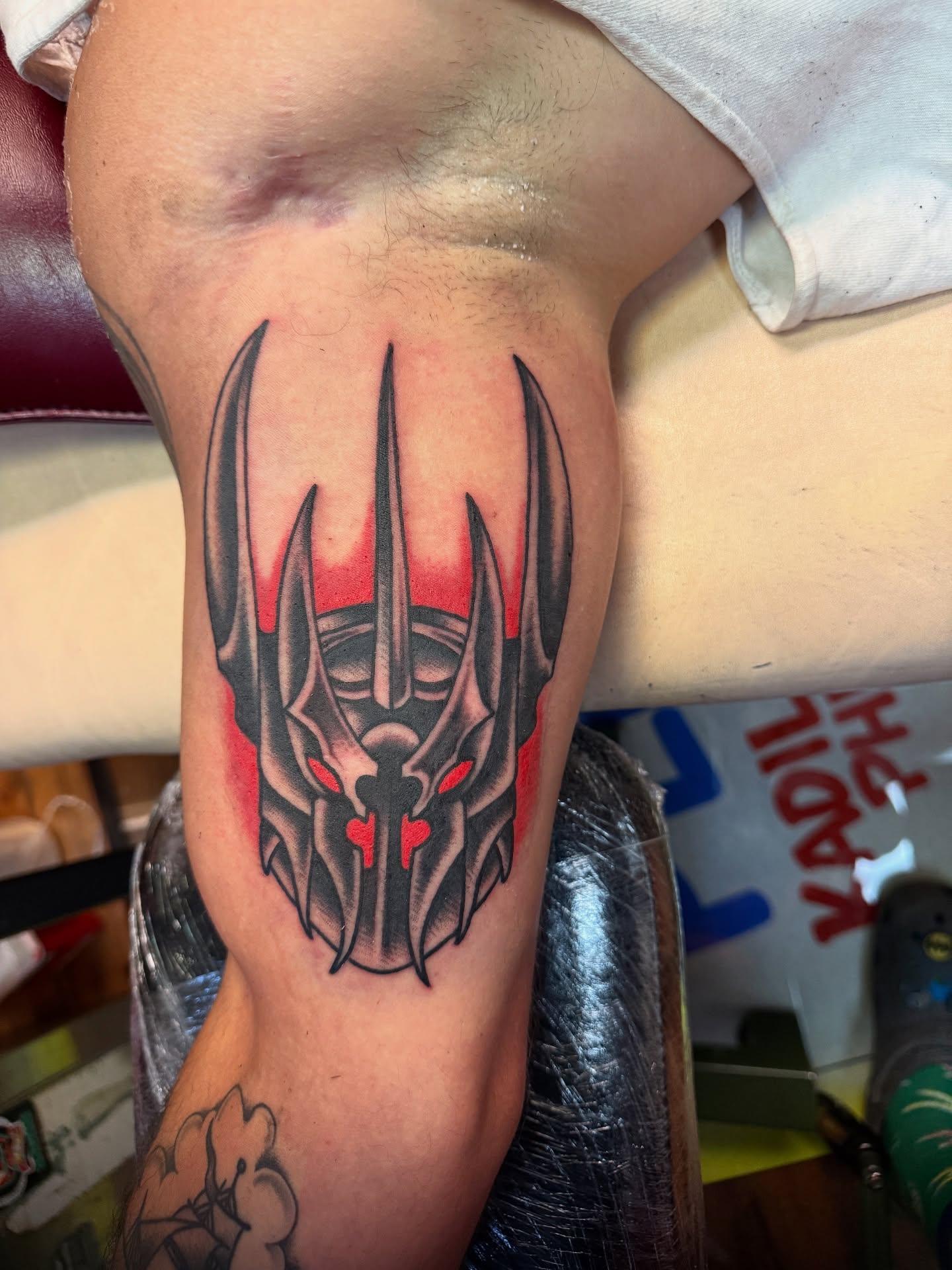 Mecha helmet geometric tattoo on the forearm by Angus Perfect, Philadelphia, Pennsylvania