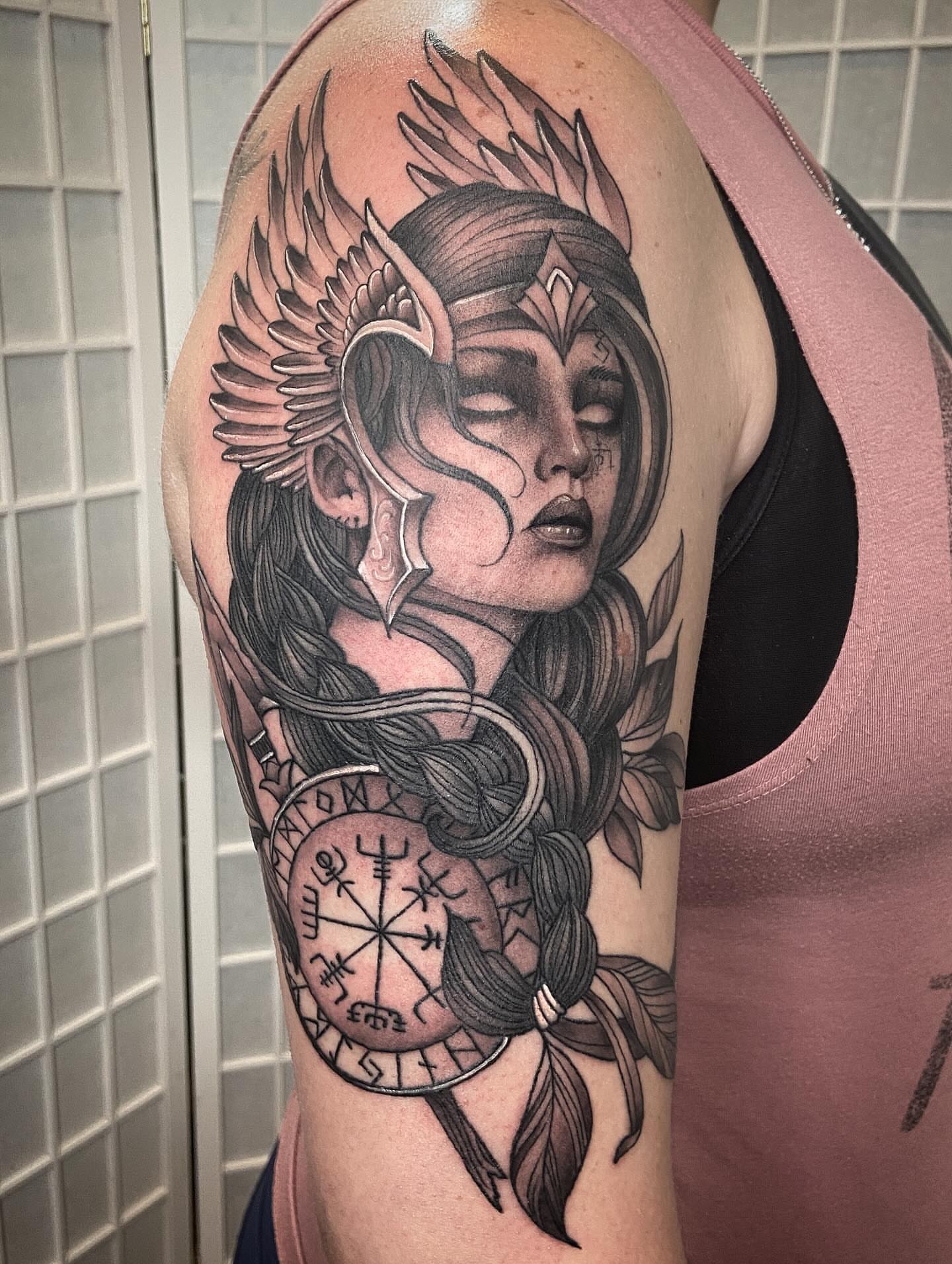 Woman with wings realism tattoo on the shoulder by Tattoos by Dale Hupke, Lebanon, Ohio